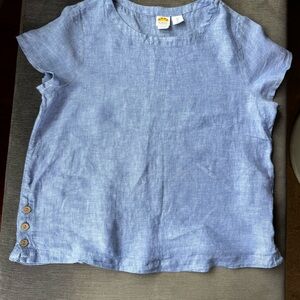 C&C California Light Blue 100% Linen Womens L Short Sleeve w/ Side Buttons